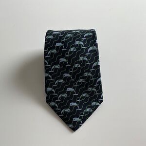 Hermes Paris Silk Tie Navy, Blue Dolphins, Green Waves Pattern 987 SA Authentic